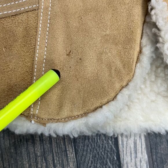 🔥🔥 True Vintage GENUINE LEATHER PILE Tan Suede Western Sherpa Lined VEST Jacke - Picture 9 of 11